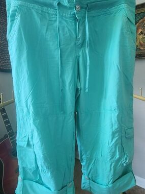 Vintage Y2K Turquoise Cargo Capri Mid Rise Parachute Feel Summer Vtg Size 13